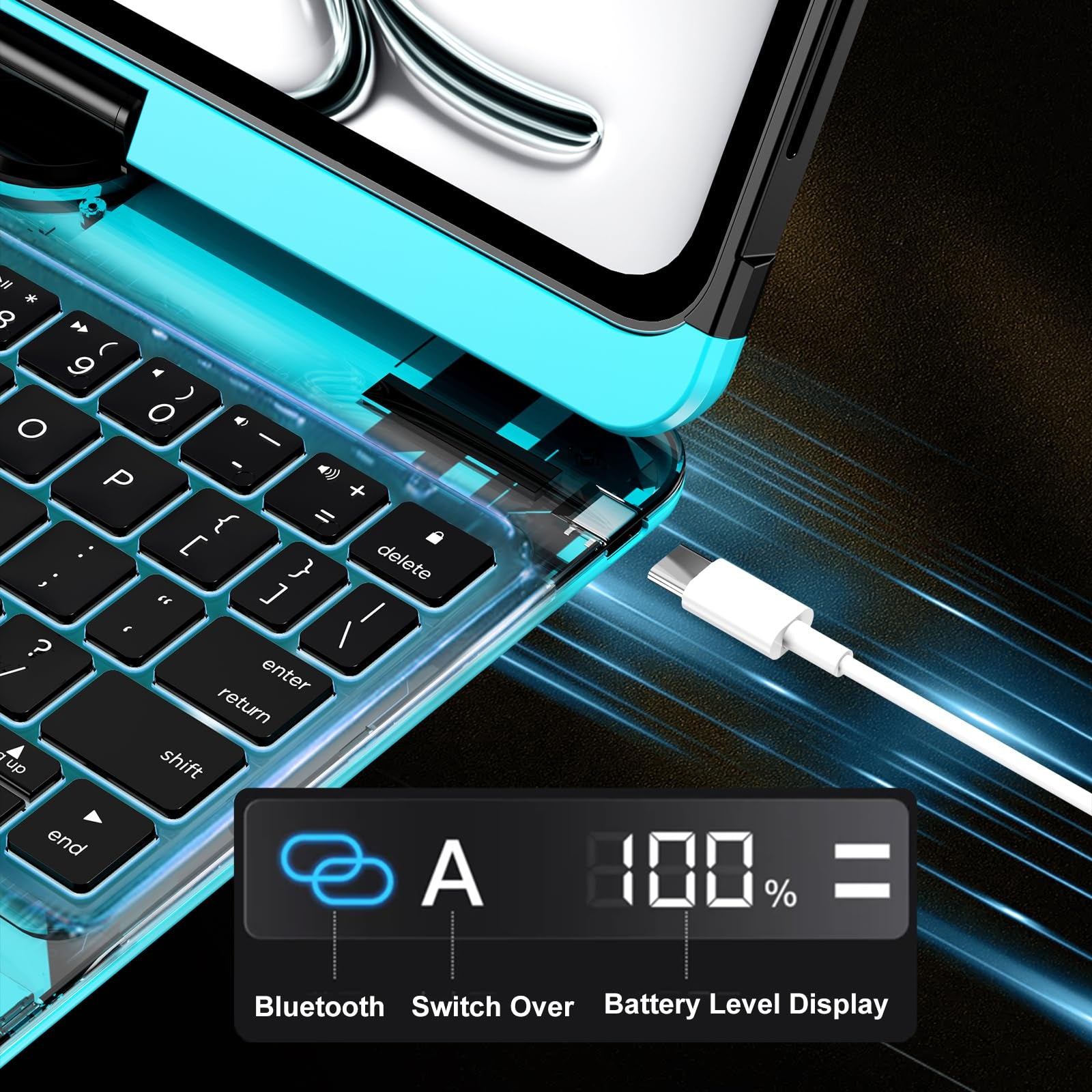Transparent 360° Rotatable iPad Keyboard Case - Transparent Blue