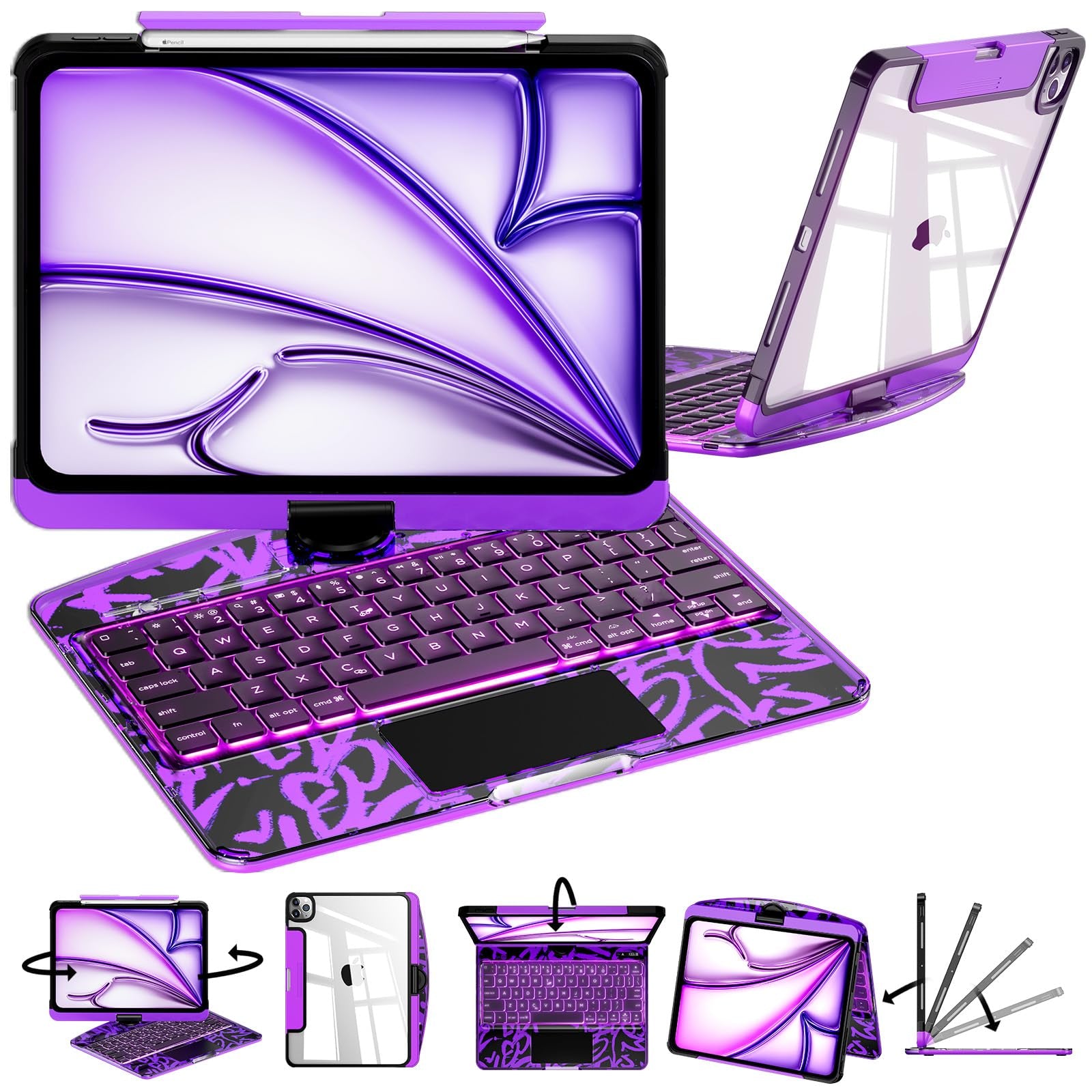 Transparent 360° Rotatable iPad Keyboard Case - Transparent Purple